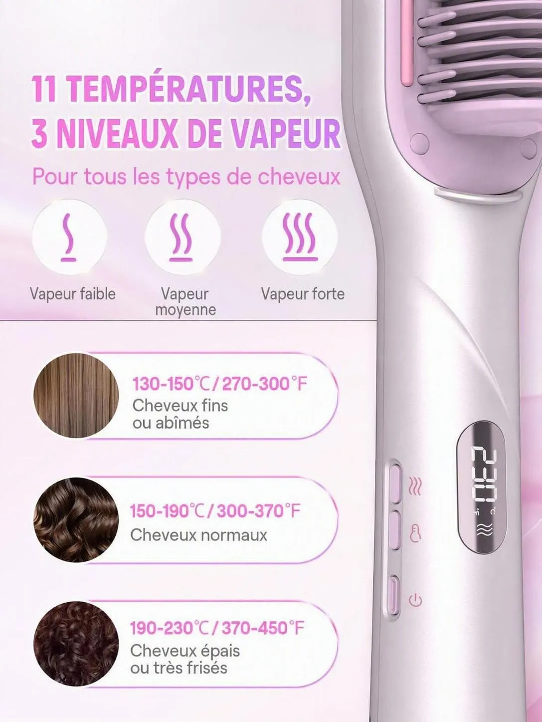 SHEGLAM Brosse Lissante Vapeur 3-en-1 céramique cheveux secs