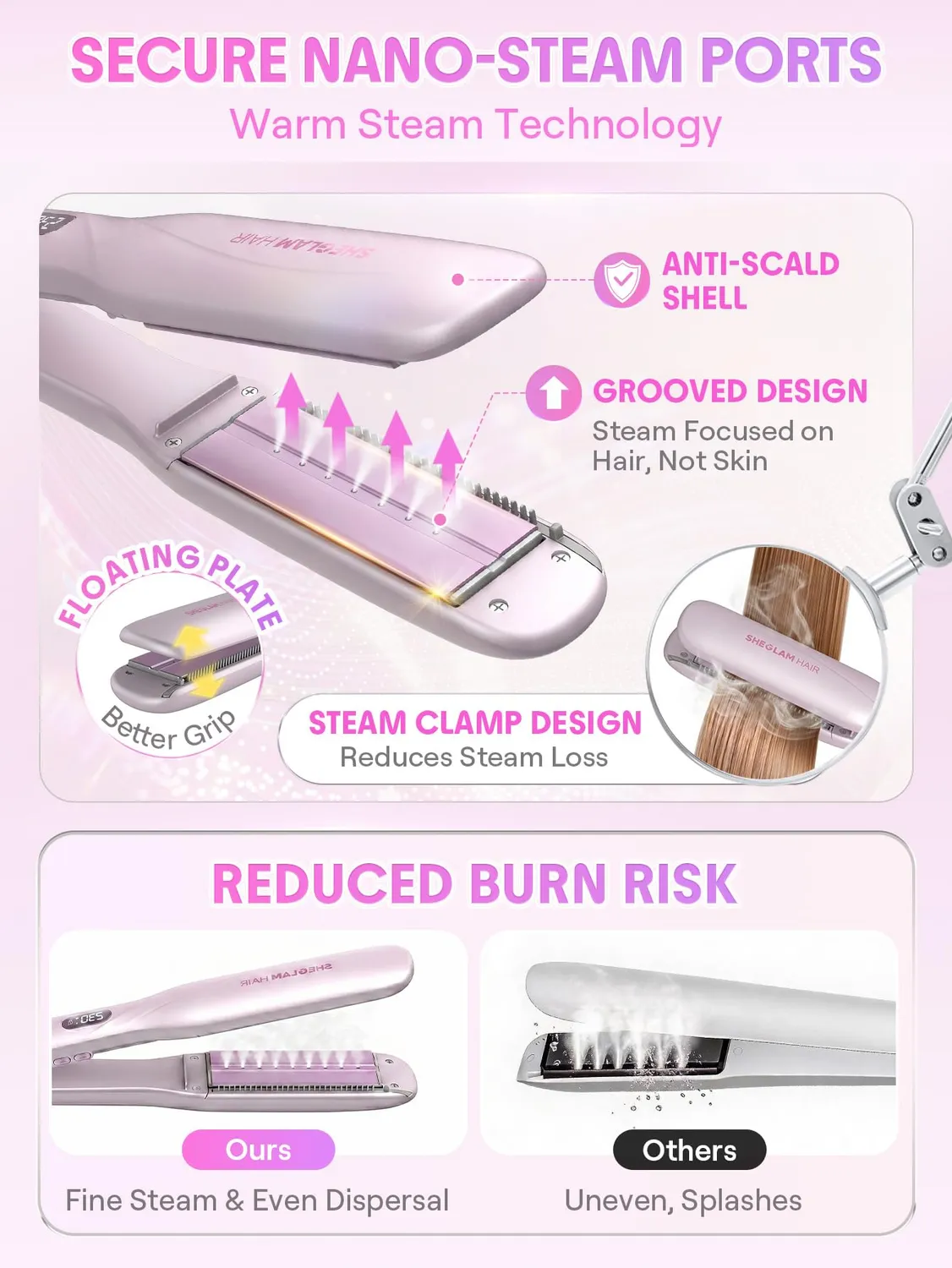 SHEGLAM Lisseur Vapeur céramique 38 mm 230°C