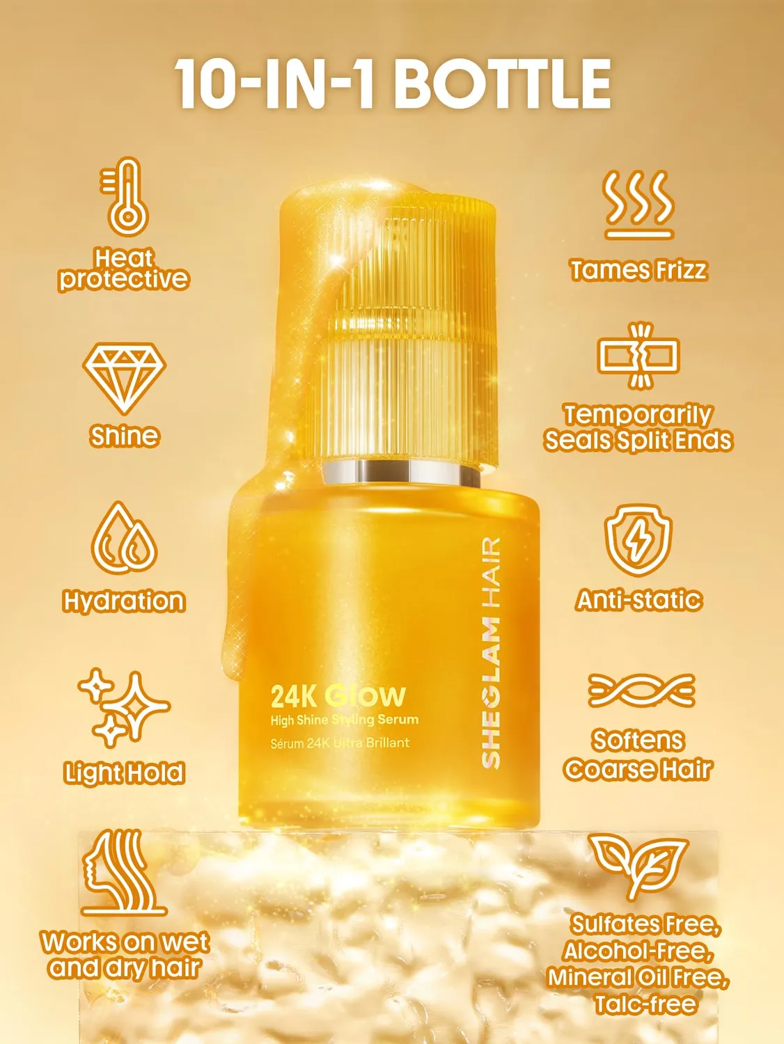 SHEGLAM 24K Glow huile capillaire 50 ml anti-frisottis