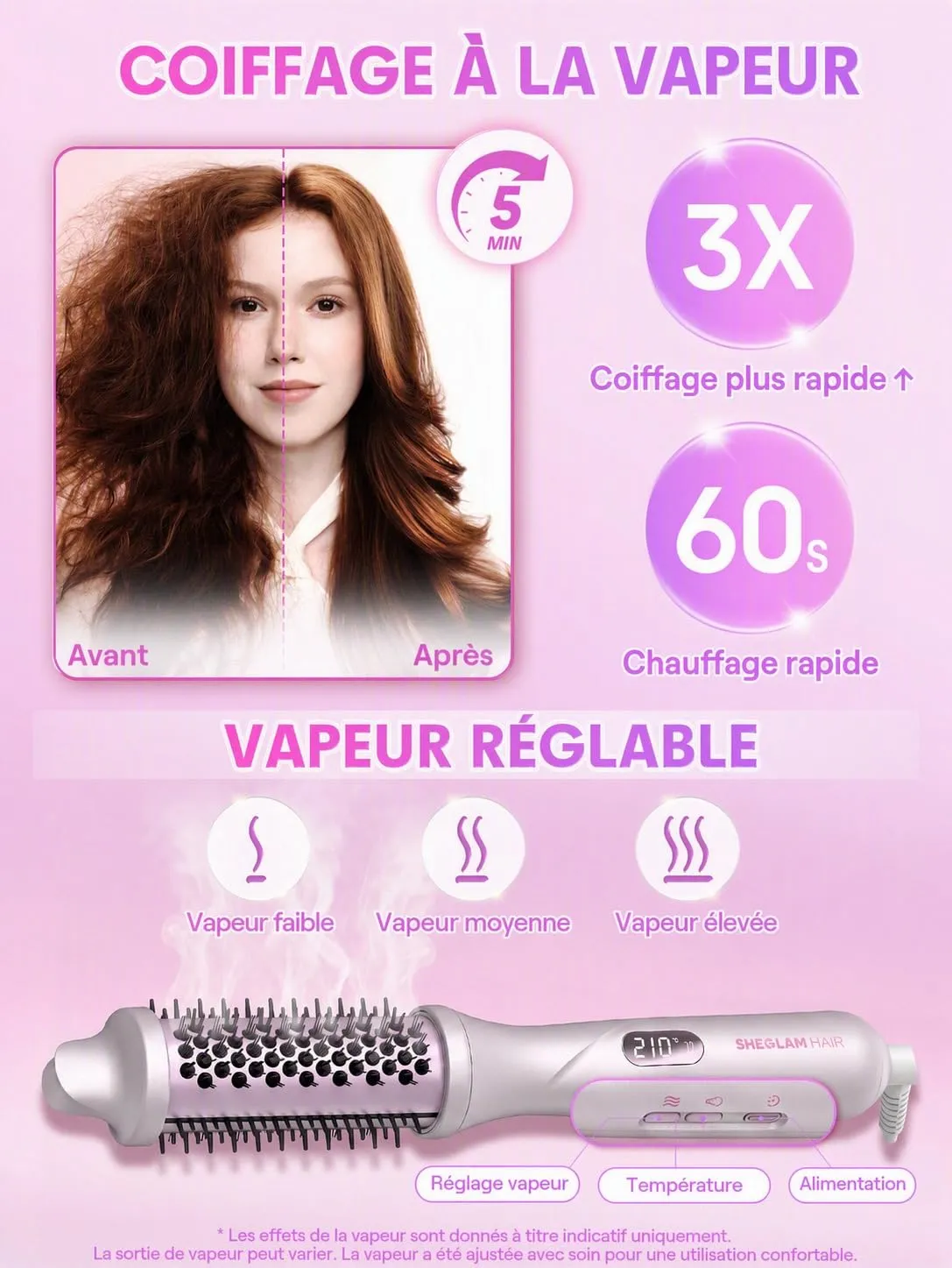 SHEGLAM Brosse Thermique Vapeur brosse 38 mm 4-en-1 lissante