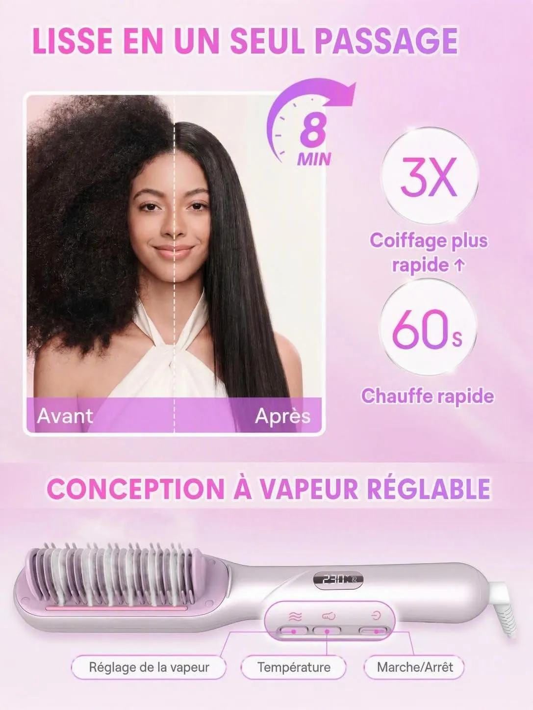 SHEGLAM Brosse Lissante Vapeur 3-en-1 céramique cheveux secs