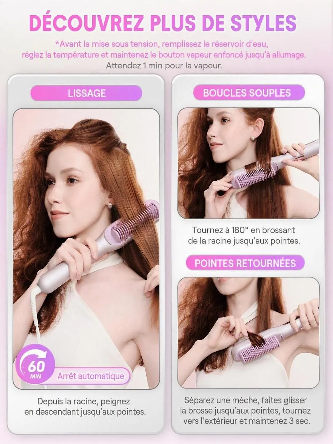 SHEGLAM Brosse Lissante Vapeur 3-en-1 céramique cheveux secs